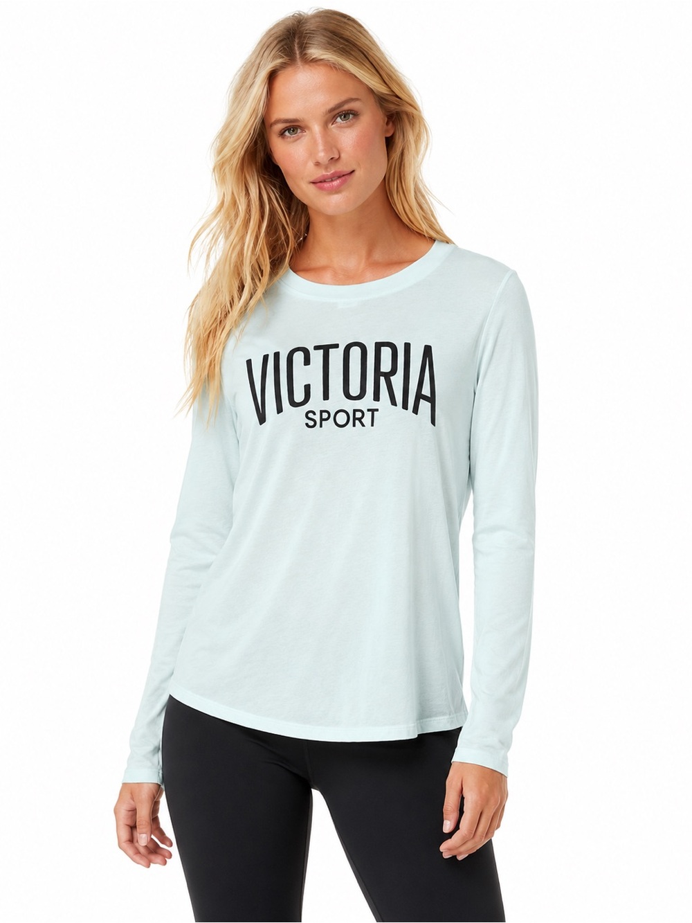Victoria Sport Size Medium Women's Long-Sleeve Crewneck Top Open Back Light Blue